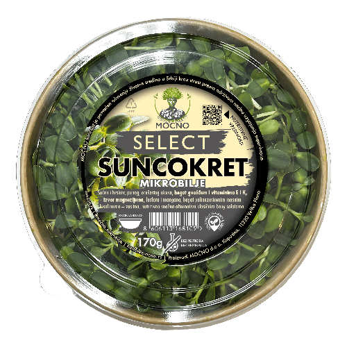 Detailed view of the rich sunflower microgreens packaging, recognizable by its nutritious green leaves and mild nutty flavor.