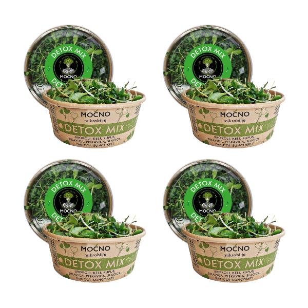 Prikaz četiri pakovanja Detox Mix-a raspoređenih u nizu. Vizuelna potvrda dostupnosti zaliha ovog zelenog energetskog bustera za sve koji žele reset organizma na prirodan način. Poruka je na mesečnoj pretplati gde korisnik dobija jednu kutiju mikrobilja nedeljno, sa našom isporukom.