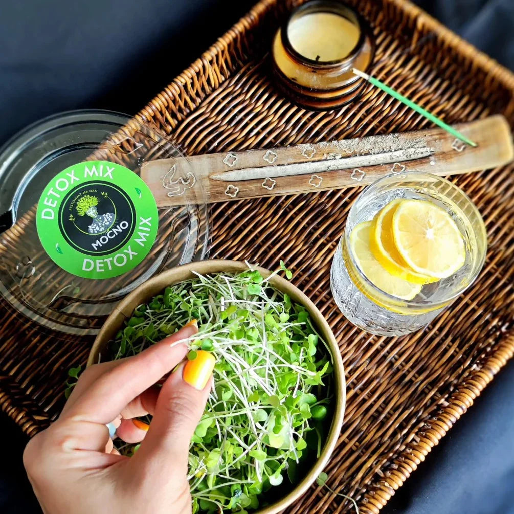 Milenina ruka bira sveže izdanke MOĆNO Detox Mix-a uz čašu vode sa limunom i mirisne štapiće, simbolizujući zdrav početak dana.