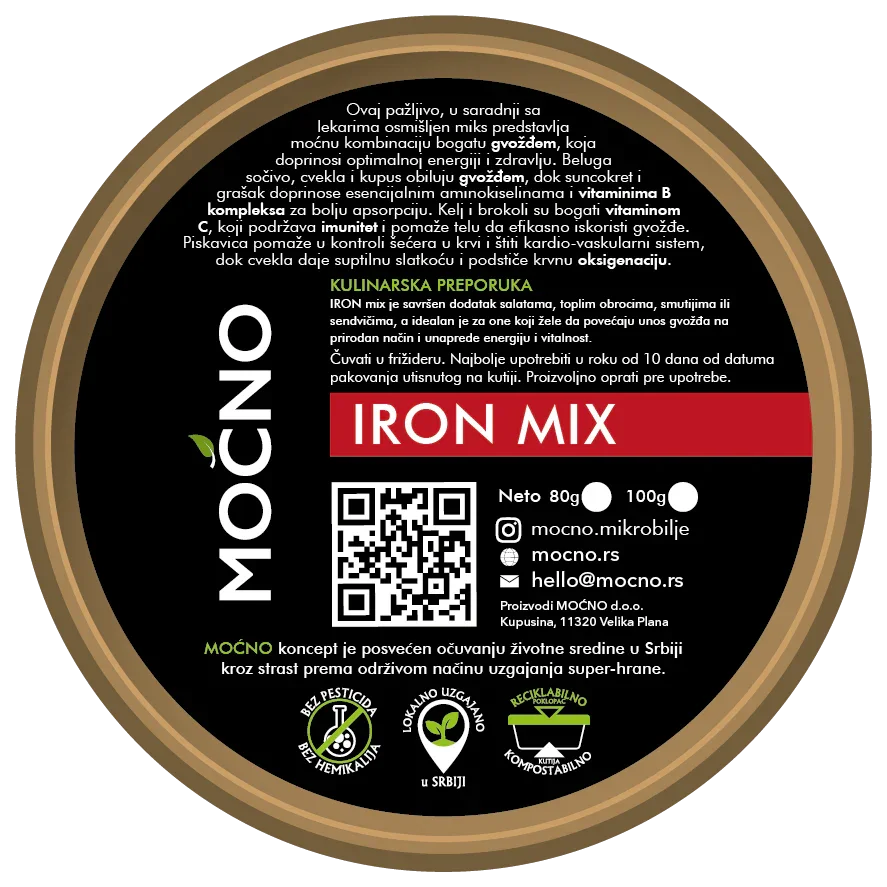 Photo of the bottom part of the packaging with the declaration. Nutritional values and information about the high iron content that helps in the formation of red blood cells and boosts energy are shown.