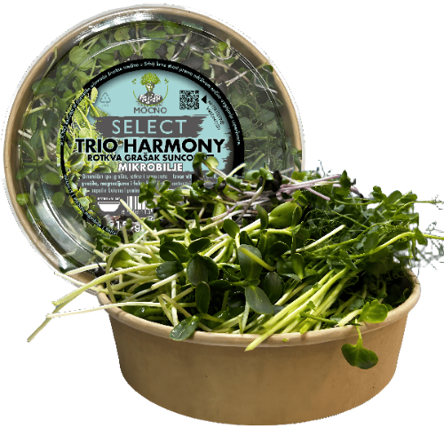 MOĆNO Select Trio Harmony mix - a fresh combination of radish, peas, and sunflower in eco-friendly packaging.