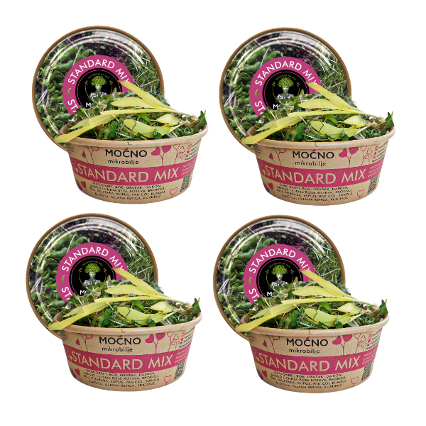 Prikaz četiri Standard Mix pakovanja. Spremnosti proizvoda za isporuku ljubiteljima sveže superhrane. Poruka je na mesečnoj pretplati gde korisnik dobija jednu kutiju mikrobilja nedeljno.