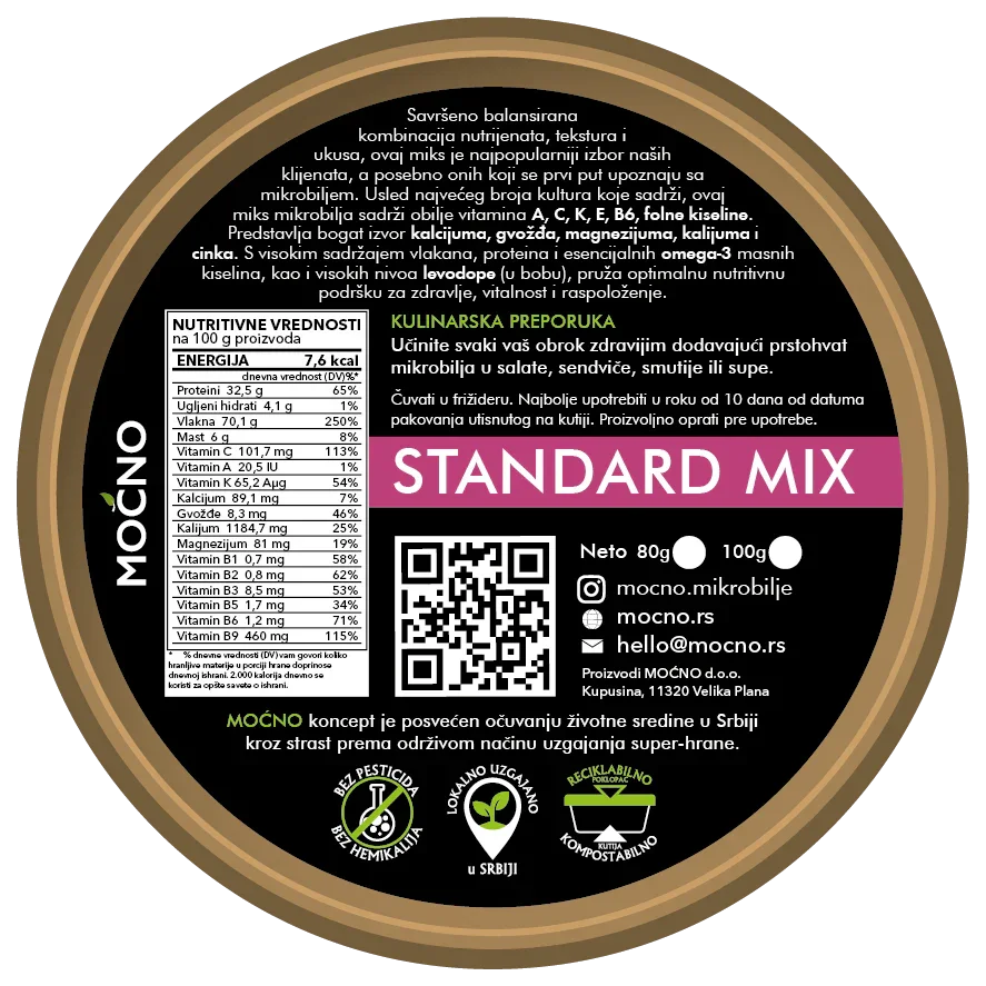 Snimak donjeg dela pakovanja sa detaljnom deklaracijom. Prikazane su nutritivne vrednosti, sastav mešavine i informacije o tome kako ovaj miks pomaže jačanju imuniteta i regulaciji varenja.