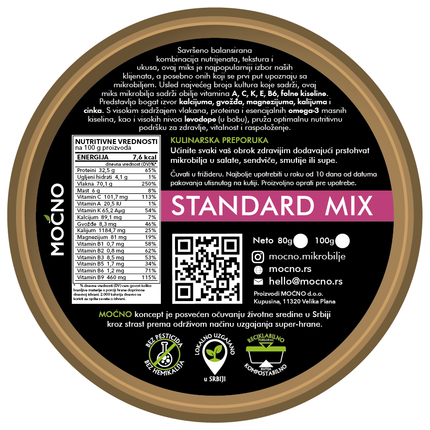 Snimak donjeg dela pakovanja sa detaljnom deklaracijom. Prikazane su nutritivne vrednosti, sastav mešavine i informacije o tome kako ovaj miks pomaže jačanju imuniteta i regulaciji varenja.