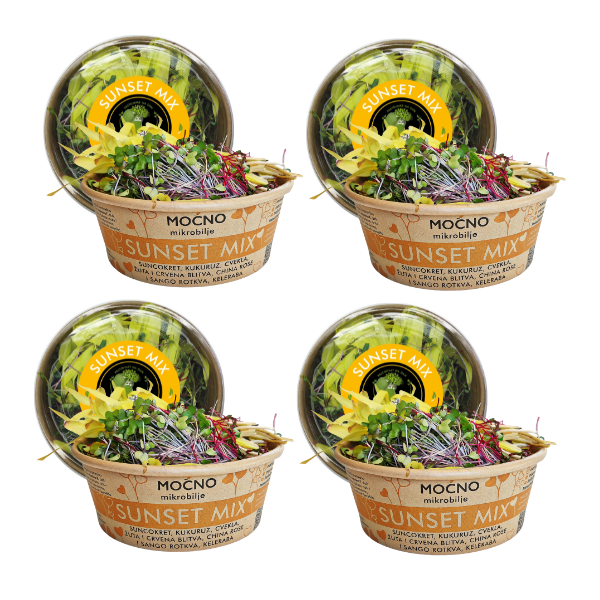 Prikaz četiri pakovanja Sunset Mix-a raspoređenih u nizu. Vizuelna potvrda dostupnosti zaliha ove energetske mešavine koja svojom bojom i sastavom čini pravi energetski boost. Poruka je na mesečnoj pretplati gde korisnik dobija jednu kutiju mikrobilja nedeljno, sa našom isporukom.