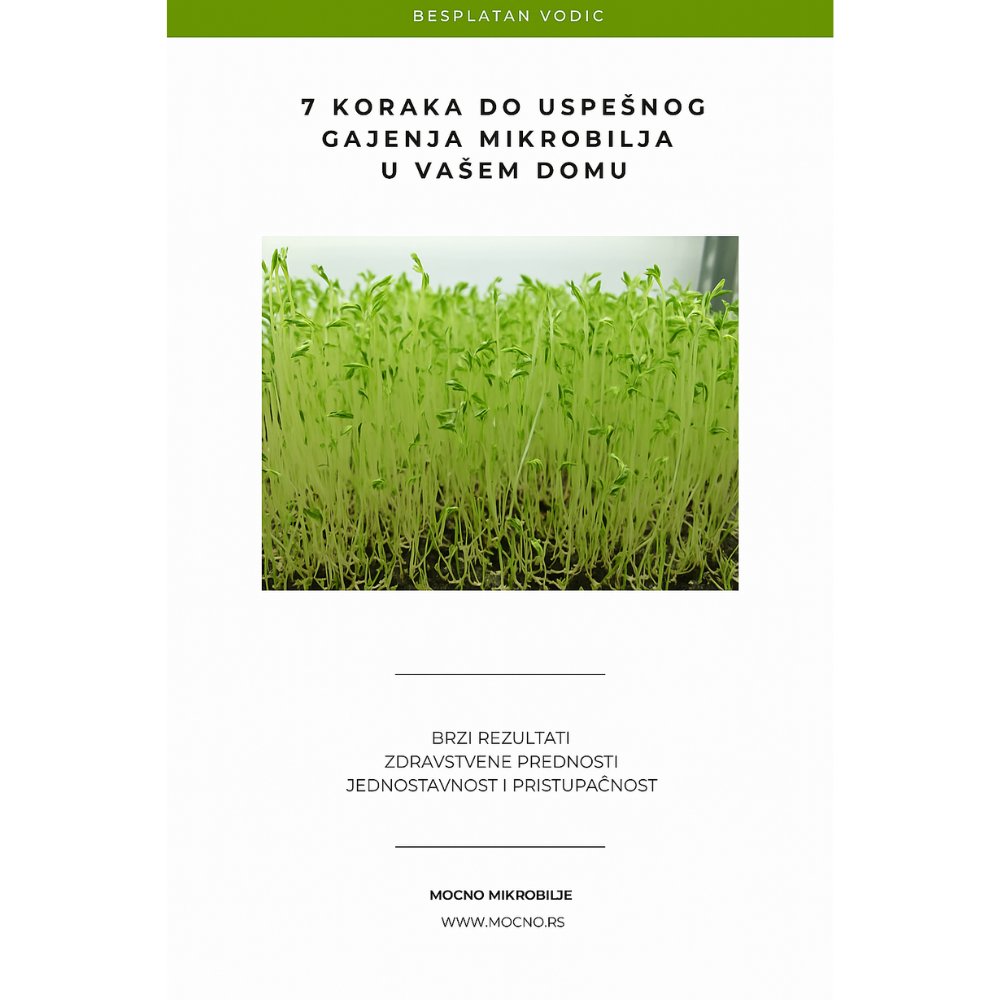 Naslovna strana e-knjige "7 koraka do uspešnog gajenja mikrobilja u vašem domu" brenda MOĆNO sa prikazom zelenih izdanaka.