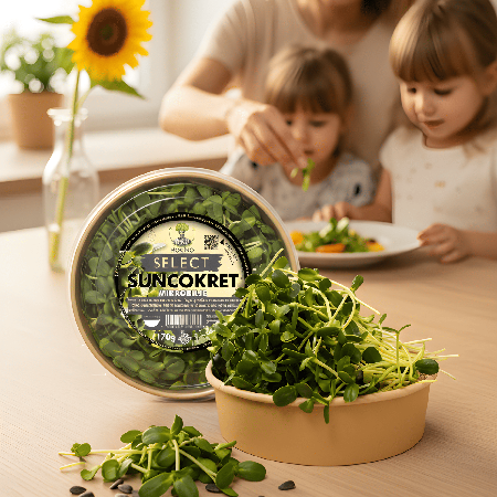 Children enjoying a healthy meal with MOĆNO sunflower microgreens, showing how healthy habits are built from an early age.