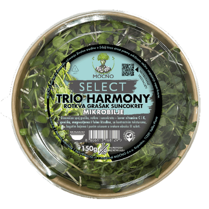 Detaljan prikaz Trio Harmony pakovanja mikrobilja sa jasno vidljivim zdravim klicama bogatim nutrijentima.