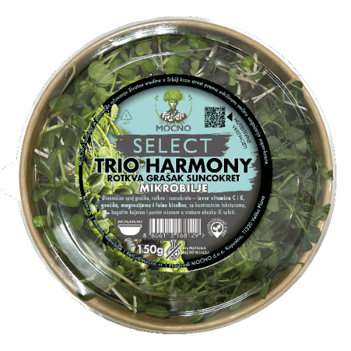 Detaljan prikaz Trio Harmony pakovanja mikrobilja sa jasno vidljivim zdravim klicama bogatim nutrijentima.