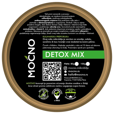 Photo of the back of the packaging with the declaration. Nutritional values and information on how this combination of microgreens helps in eliminating toxins, alkalizing the body, and improving digestion are visible.