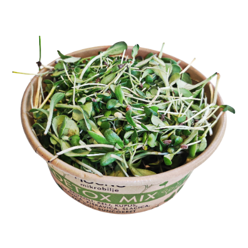 Detailed close-up of the open Detox Mix packaging. The focus is on the variety of textures of broccoli, kale, and cabbage microgreens, which are natural sources of antioxidants and chlorophyll for body purification.