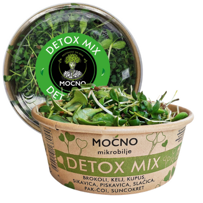 Central view of the MOĆNO Detox Mix packaging with a recognizable bright green label on the lid. Inside the eco-friendly bowl, a dense mixture of fresh broccoli, kale, cabbage, wheat, and sunflower microgreens is visible.