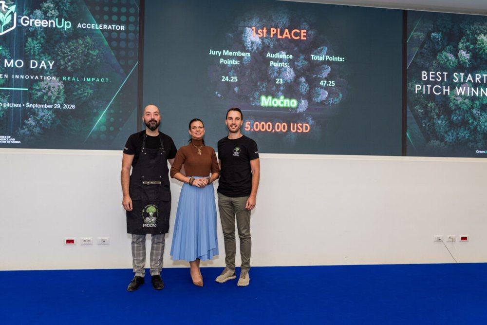 Tim MOĆNO na GreenUp Demo Danu, ispred ekrana sa rezultatom: prvo mesto za MOĆNO