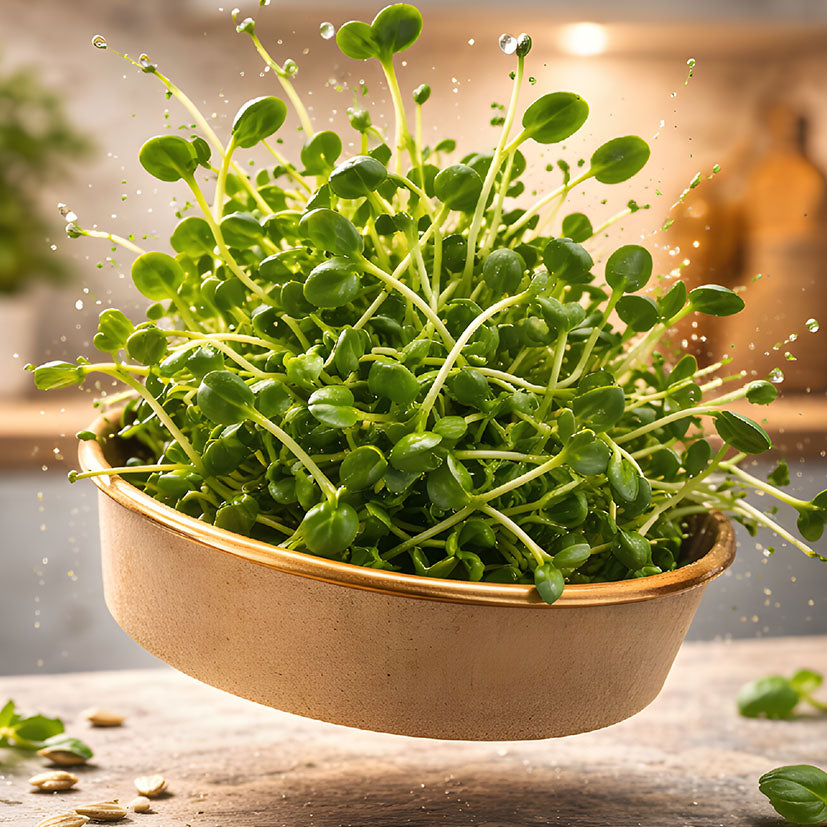 A dynamic shot of fresh MOĆNO sunflower microgreens bursting from a floating round eco-bowl, with water droplets.