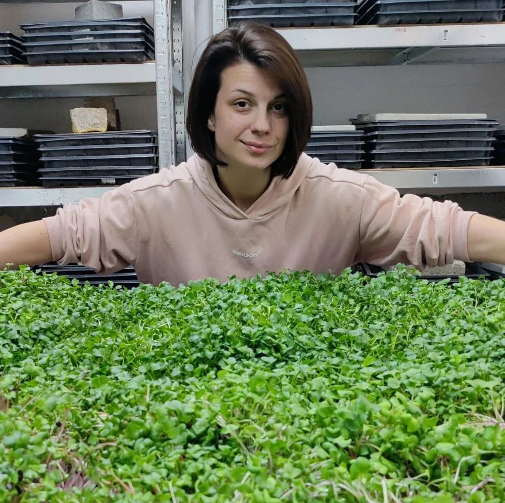 Milena Jovanović stands in front of the fresh and densely grown microgreens in the controlled conditions of the MOĆNO urban farm in Belgrade.