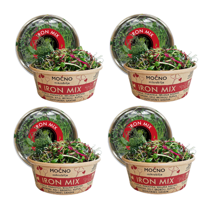 Prikaz četiri pakovanja Iron Mix-a u nizu. Vizuelna potvrda dostupnosti zaliha ovog miksa namenjenog svima koji žele da prirodnim putem poboljšaju krvnu sliku. Poruka je na mesečnoj pretplati gde korisnik dobija jednu kutiju mikrobilja nedeljno, sa našom isporukom.