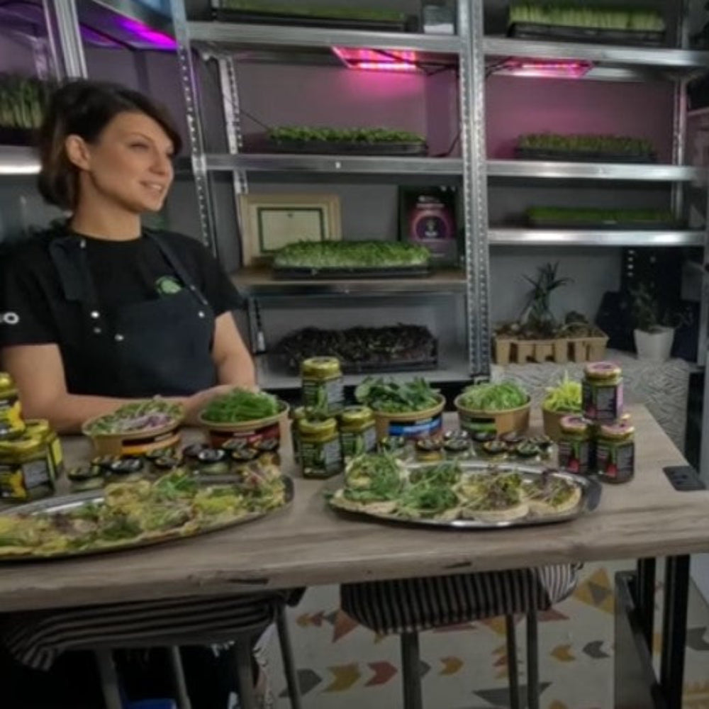 Degustacija MOĆNO proizvoda tokom radionice: ketering sa svežim mikrobiljem, pesto sosevima i začinima u ambijentu urbane farme.