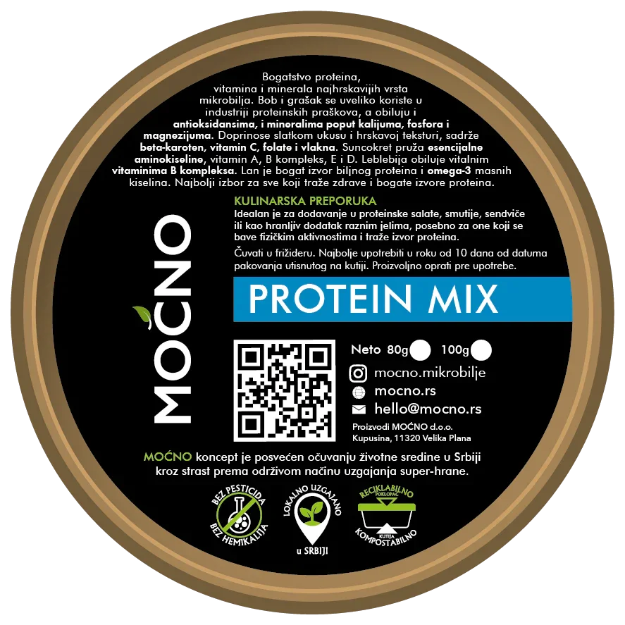 Photo of the bottom part of the packaging with the declaration. Nutritional values with a focus on high protein content, barcode, and QR code are visible.