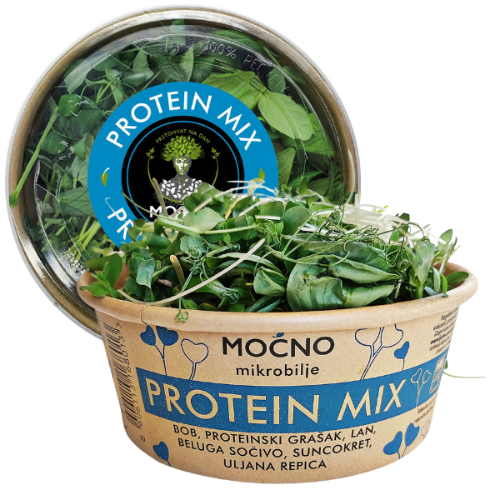 Central view of MOĆNO Protein Mix. Blue label on the lid leaning against an eco-friendly bowl full of fresh pea, flax, lentil, fava bean, and sunflower microgreens.