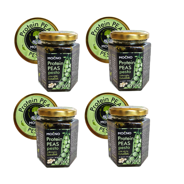 Prikaz četiri tegle Protein Peas pesta raspoređenih u nizu. Vizuelna potvrda dostupnosti zaliha ovog proteinskog namaza koji spaja nutritivnu moć mikrobilja i sveži ukus prirode.