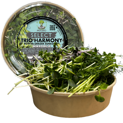 MOĆNO Select Trio Harmony miks – sveža kombinacija rotkve, graška i suncokreta u ekološkom pakovanju.