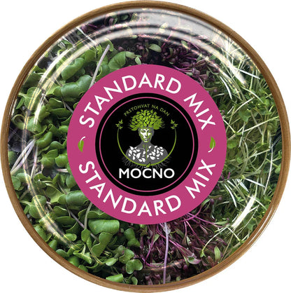 Čist kadar poklopca Standard Mix pakovanja odozgo. U fokusu je ružičasti dizajn etikete sa MOĆNO logotipom i nazivom mešavine koja predstavlja bazu svakog zdravog obroka.