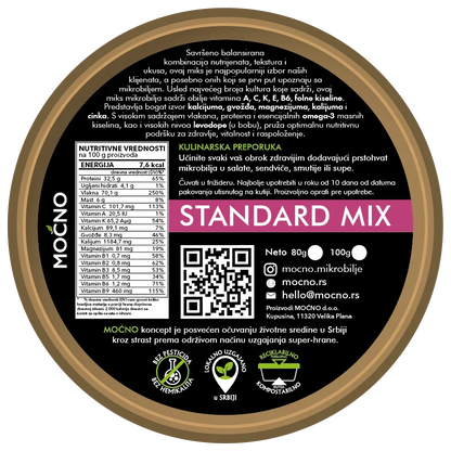 Snimak donjeg dela pakovanja sa detaljnom deklaracijom. Prikazane su nutritivne vrednosti, sastav mešavine i informacije o tome kako ovaj miks pomaže jačanju imuniteta i regulaciji varenja.
