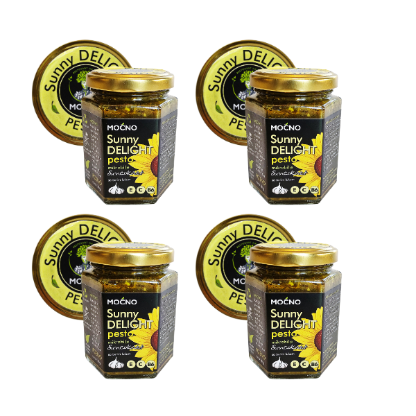 Prikaz četiri tegle Sunny Delight pesta raspoređene u nizu. Vizuelni prikaz dostupnosti zaliha ovog namaza od mikrobilja koji štiti ćelije i podržava zdravlje kože.