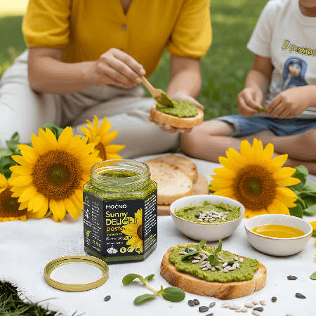 Porodični trenutak u prirodi: ruka maže Sunny Delight pesto na hleb pored svežih suncokreta, prikazujući praktičnu upotrebu namaza kao zdravog dodatka doručku.