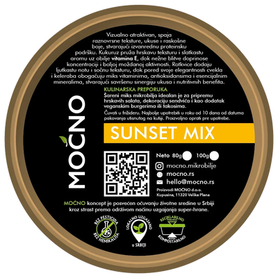 Photo of the bottom part of the packaging with the declaration. Nutritional values and information about the benefits of microgreens ingredients, which are a natural source of energy and key vitamins for body vitality, are shown.