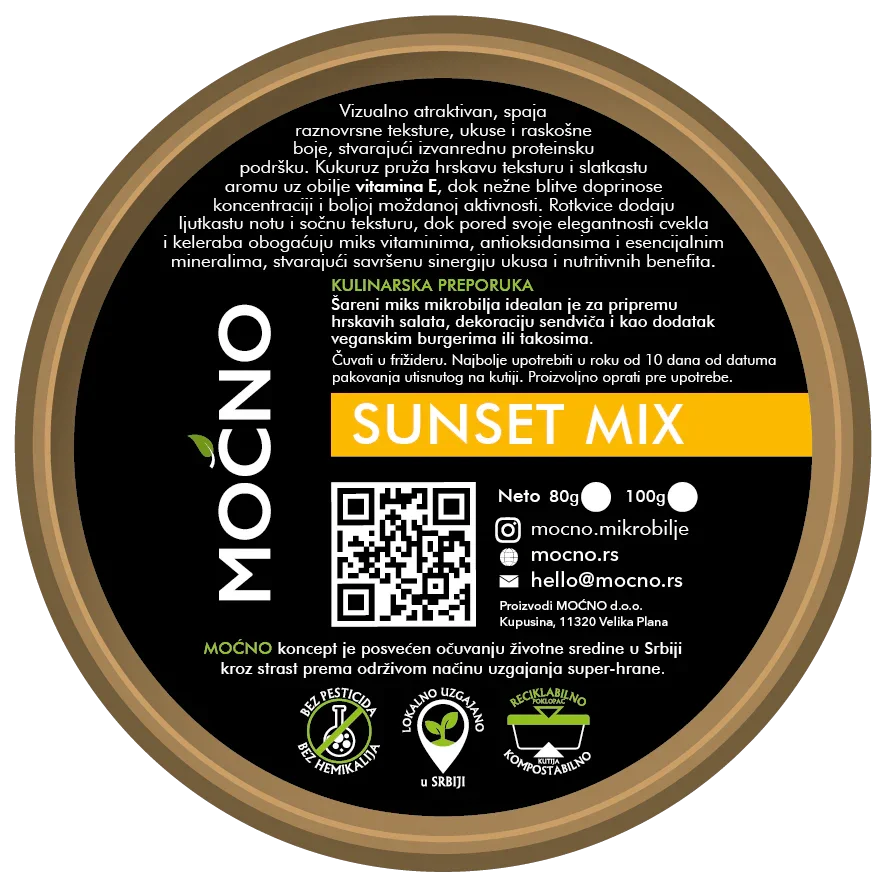 Photo of the bottom part of the packaging with the declaration. Nutritional values and information about the benefits of microgreens ingredients, which are a natural source of energy and key vitamins for body vitality, are shown.