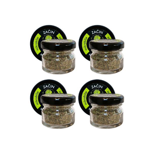 Prikaz četiri teglice Basic začina raspoređene u nizu. Vizuelni prikaz dostupnosti zaliha ovog univerzalnog dodatka koji na zdrav način menja klasične industrijske začine.