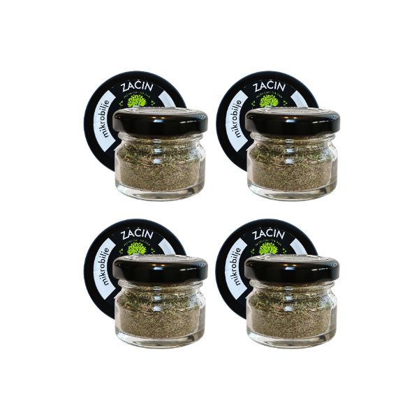 Prikaz četiri teglice sušenog začina sa soli raspoređene u nizu. Vizuelni prikaz dostupnosti zaliha ovog osnovnog začinskog dodatka za svakodnevno zdravo kuvanje.