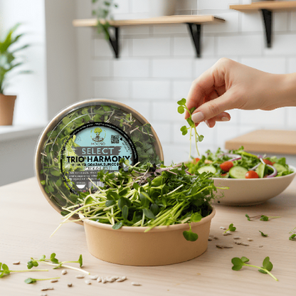 Ruka dodaje sveže mikrobilje iz Trio Harmony pakovanja u bogatu salatu u modernoj svetloj kuhinji.