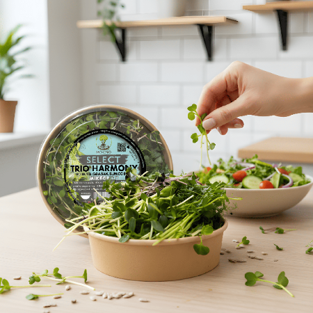 Ruka dodaje sveže mikrobilje iz Trio Harmony pakovanja u bogatu salatu u modernoj svetloj kuhinji.