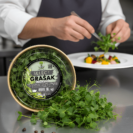 Šef kuhinje pažljivo dekoriše gurmansko jelo koristeći sveže izdanke MOĆNO mikrobilja graška, naglašavajući premium kvalitet proizvoda.