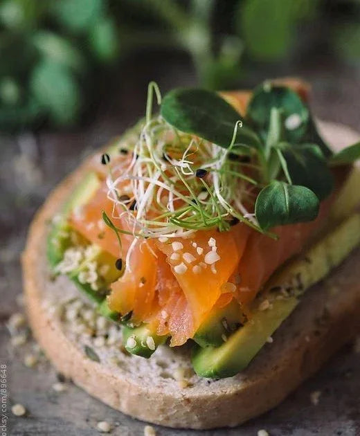 Zdrav doručak: integralni hleb sa lososom, avokadom i bogatim prstohvatom svežeg mikrobilja rotkve i lucerke.