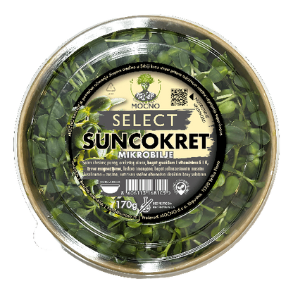 Detaljan prikaz bogatog pakovanja mikrobilja suncokreta, prepoznatljivog po hranljivim zelenim listovima i blagom orašastom ukusu.